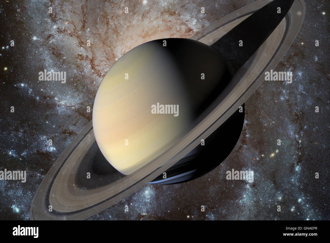 Solar System - Saturn. It is the sixth planet from the Sun and the second-largest in the Solar System. It is a gas giant planet. Stock Photo