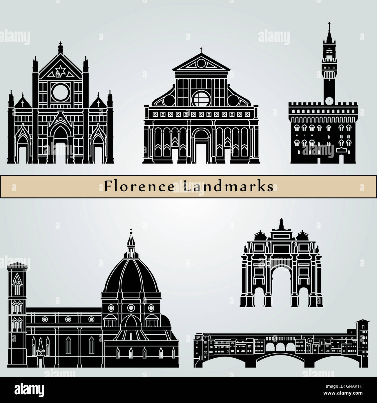 Florence landmarks and monuments isolated on blue background in editable vector file Stock Photo