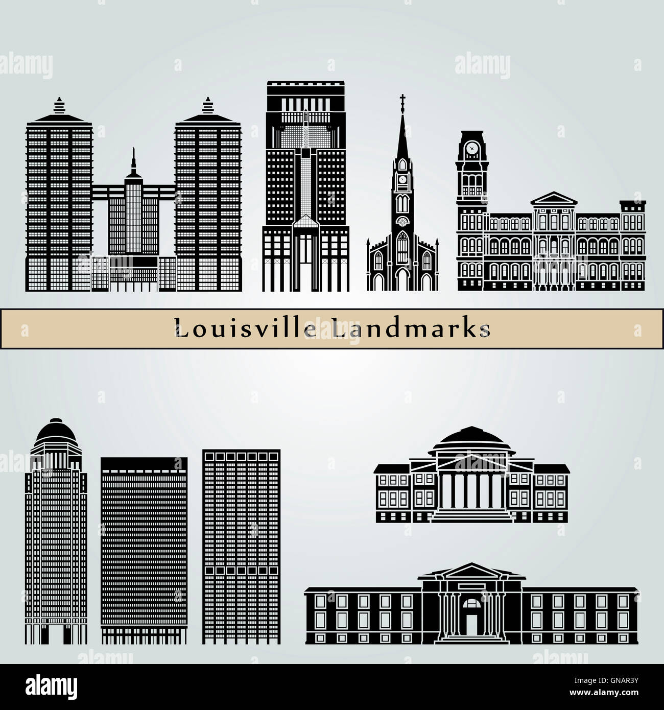 Louisville landmarks and monuments isolated on blue background in editable vector file Stock Photo