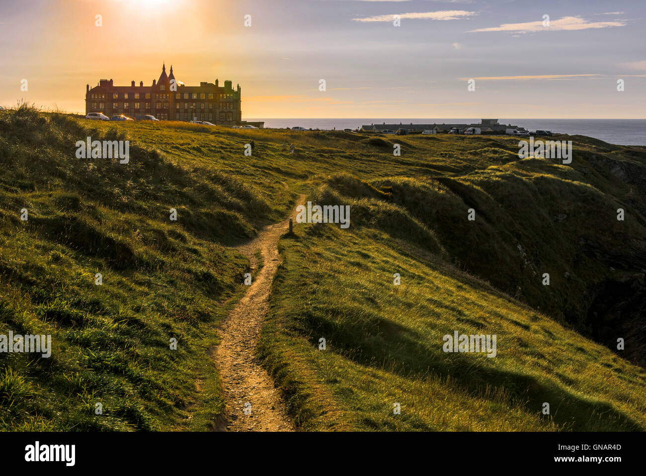 Sunset over the The Headland Hotel in Newquay, Cornwall. Stock Photo