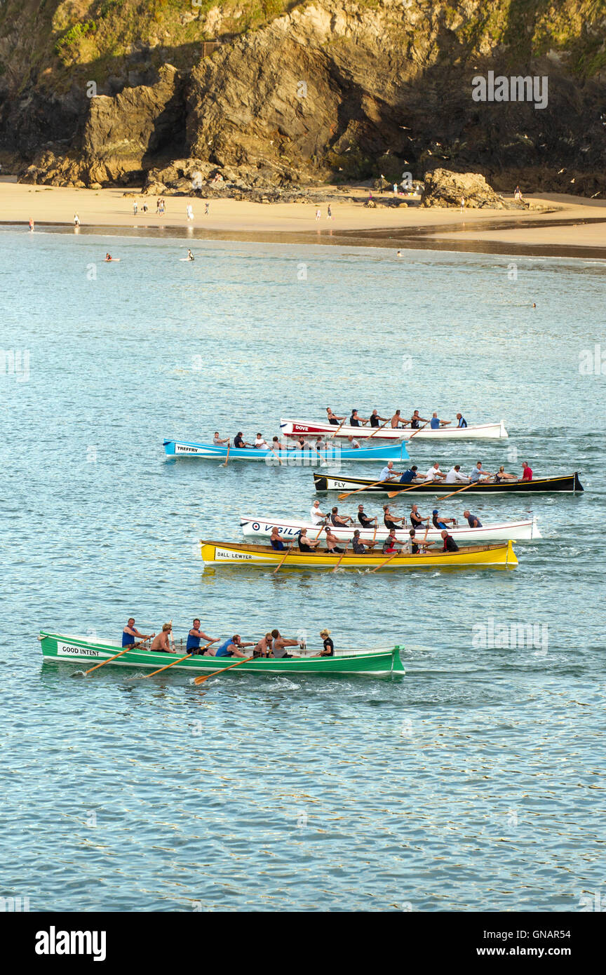 A traditional Cornish Pilot Gig race in Newquay, Cornwall. Stock Photo