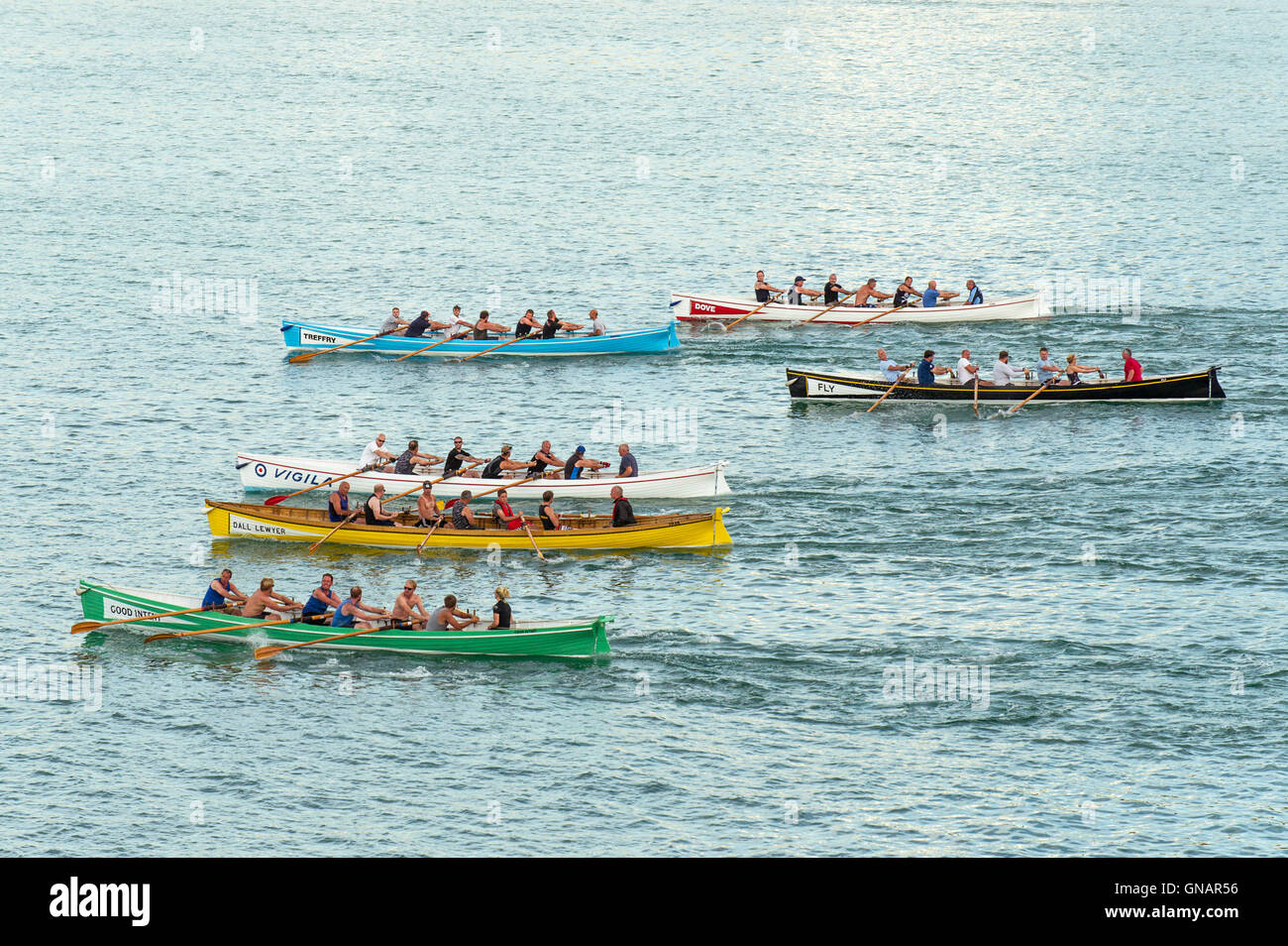 A traditional Cornish Pilot Gig race in Newquay, Cornwall. Stock Photo