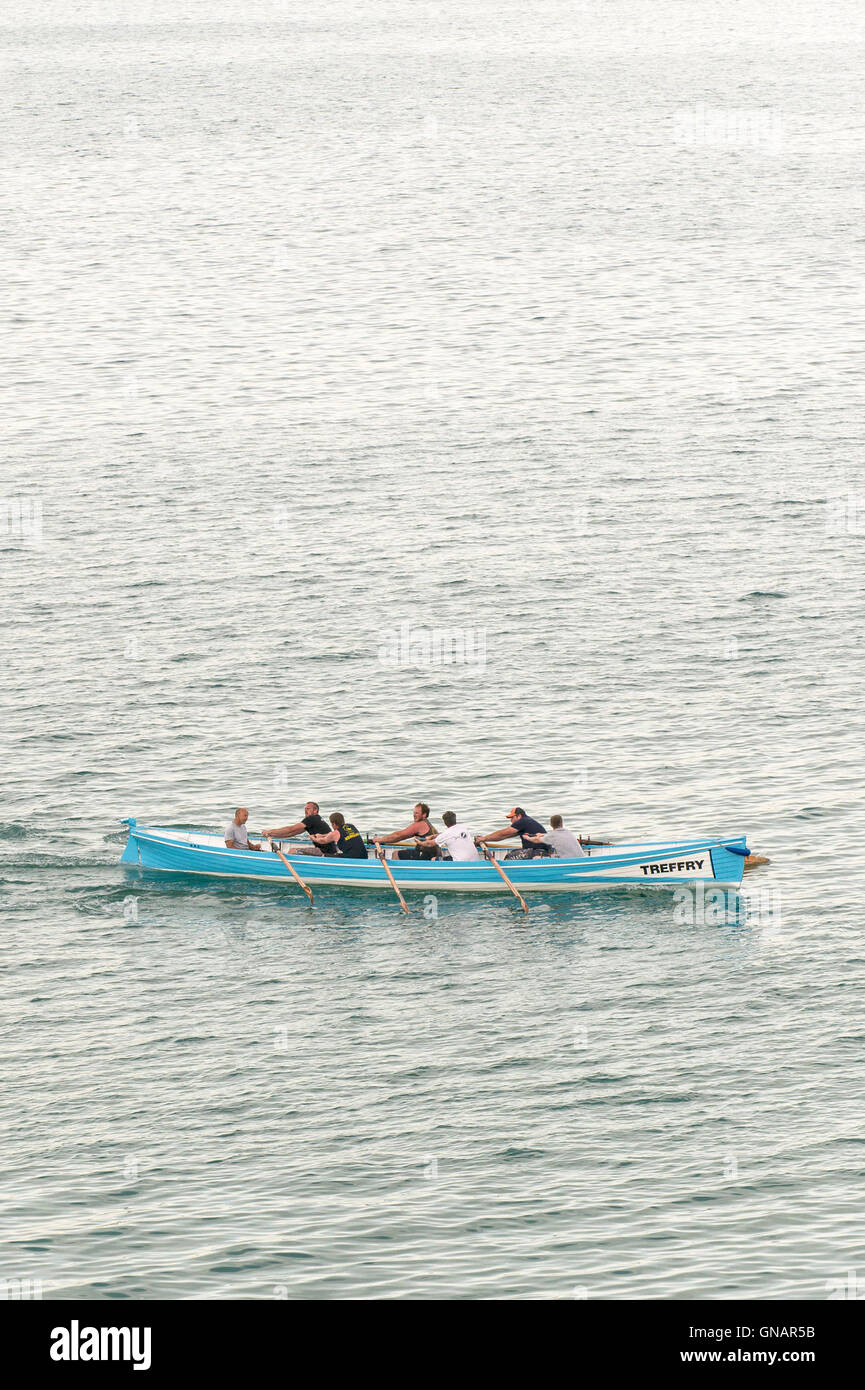Treffry, a traditional Cornish Pilot Gig competing in a race in Newquay, Cornwall. Stock Photo