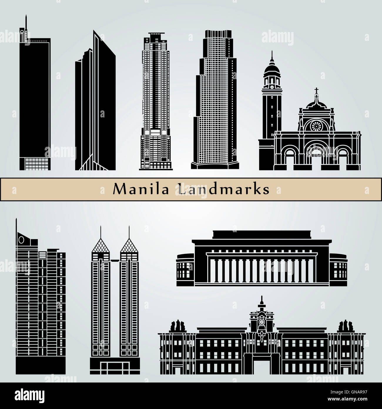 Manila landmarks and monuments isolated on blue background in editable vector file Stock Photo