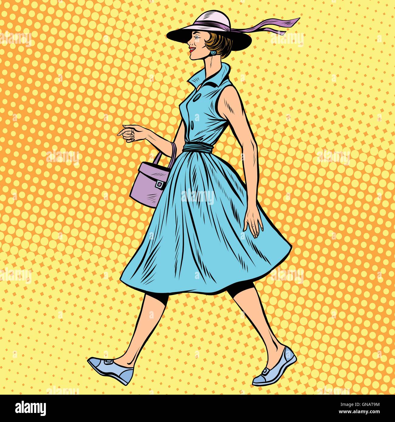 retro lady in summer dress and hat Stock Vector
