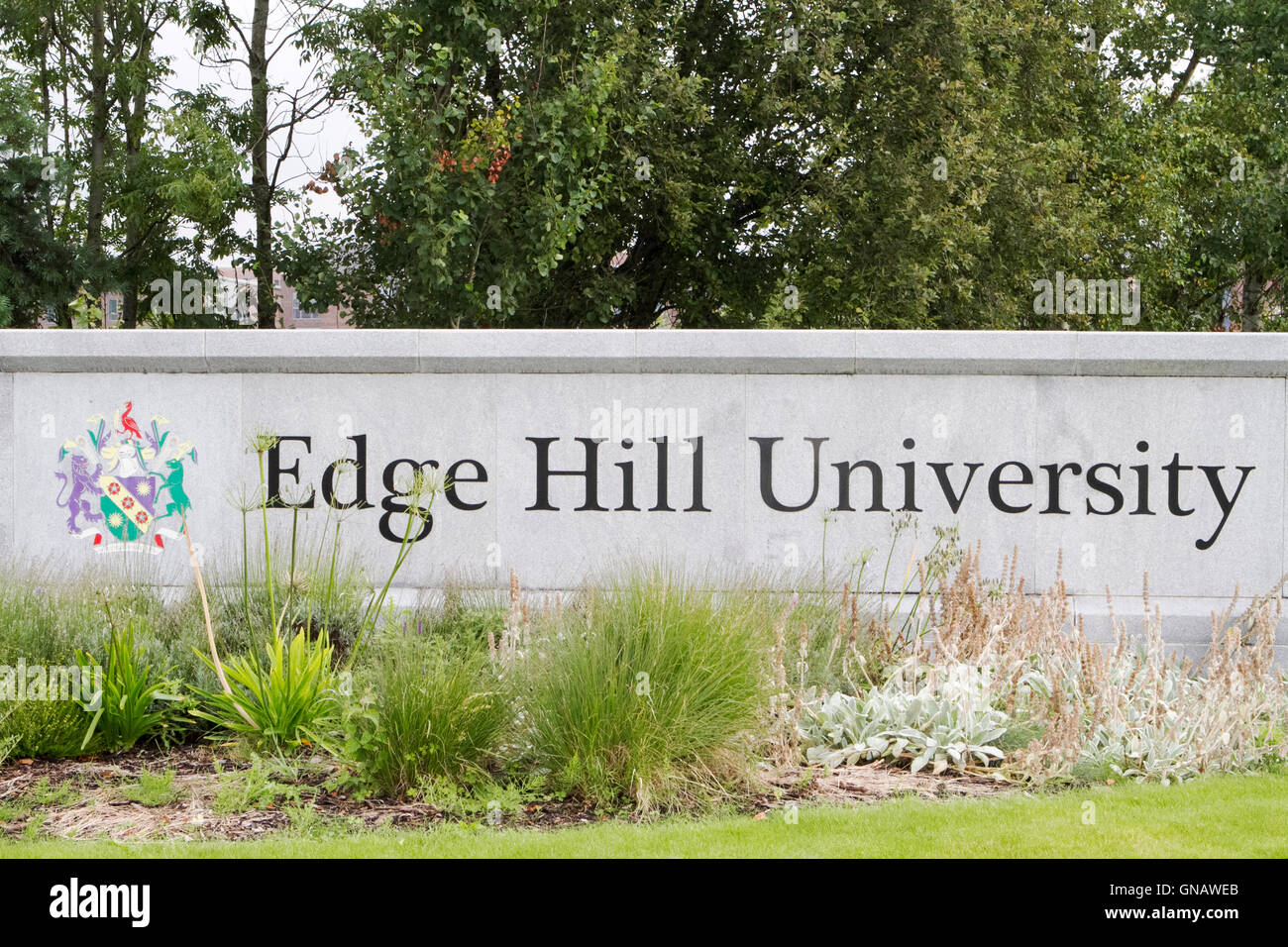 Edge Hill University sign & gardens in Ormskirk, Lancashire, UK Stock