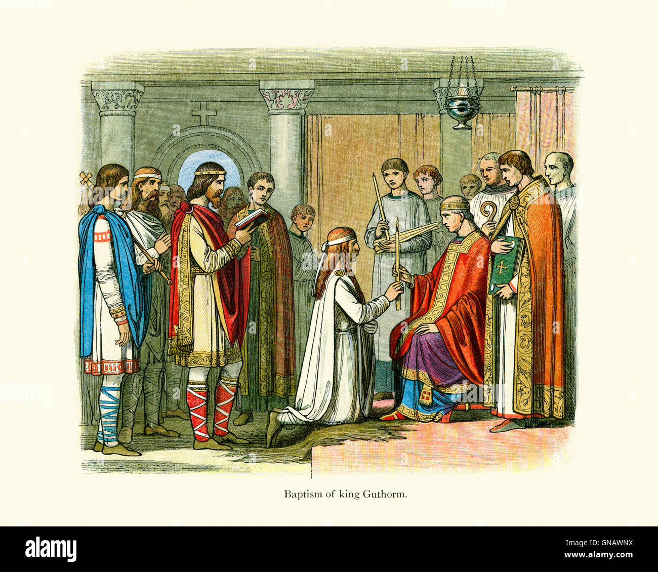 Baptism of King Guthrum. Guthrum (died c. 890), christened Æthelstan, was King of the Danish Vikings in the Danelaw. He is mainl Stock Photo