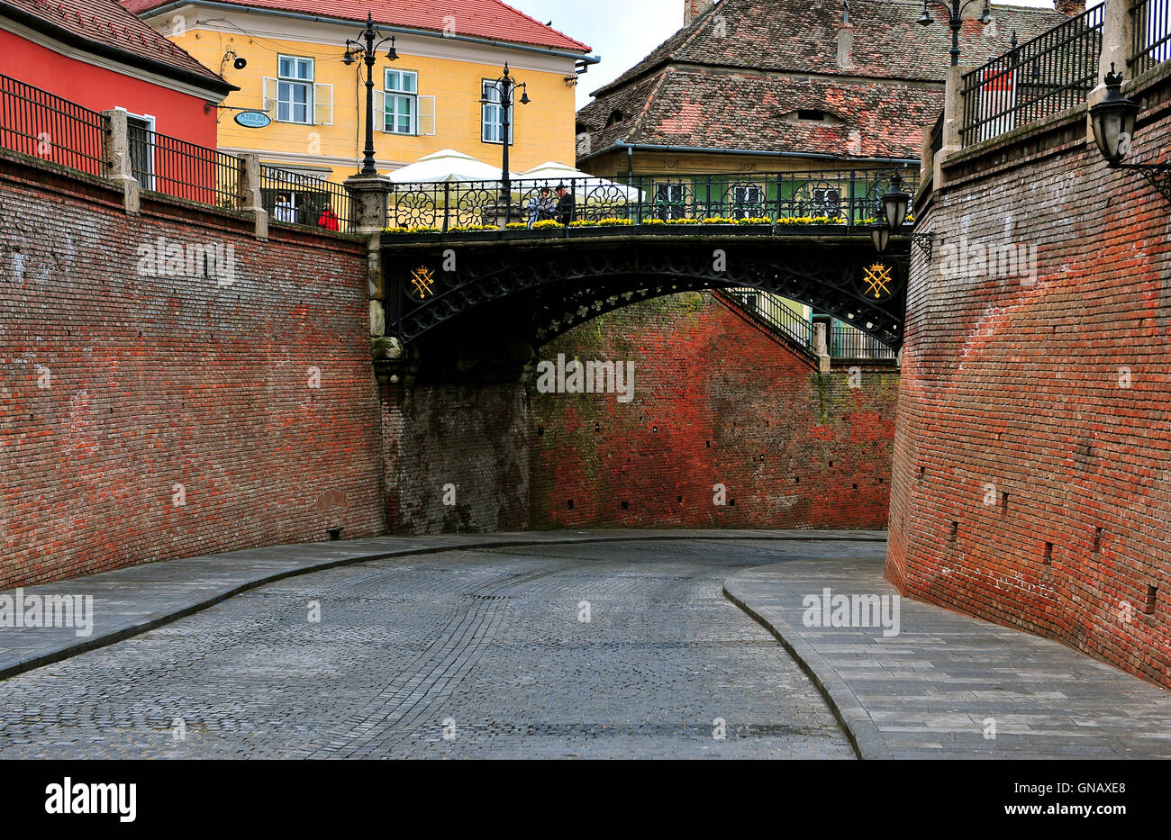 SIBIU, ROMANIA - MAY 4: Liars bridge in the street of Sibiu old town on May 4, 2016. Sibiu is the city located in Transylvania Stock Photo