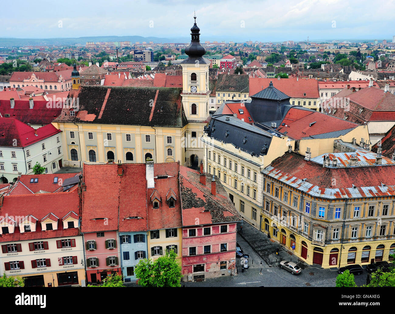 SIBIU, ROMANIA - MAY 4: Top view of historical city centre of Sibiu on May 4, 2016. Stock Photo
