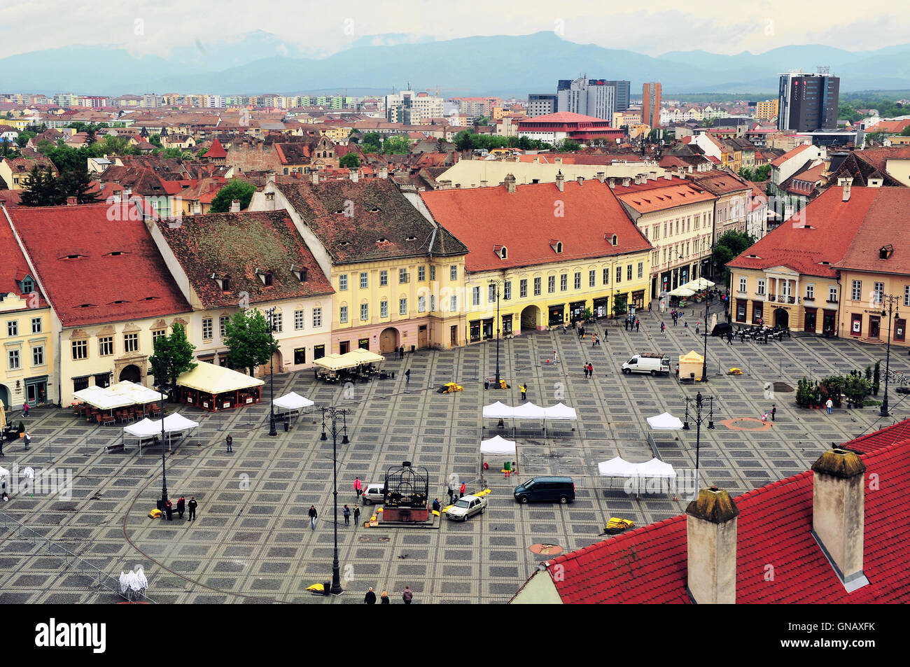 SIBIU, ROMANIA - MAY 4: Top view of the city square of Sibiu, Romania on May 4, 2016. Sibiu is the city in Transylvania region Stock Photo