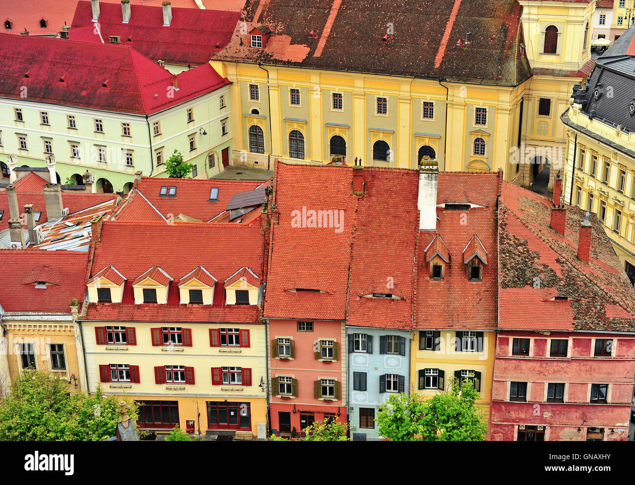 Colorful houses of Sibiu city centre, Transylvania, Romania Stock Photo