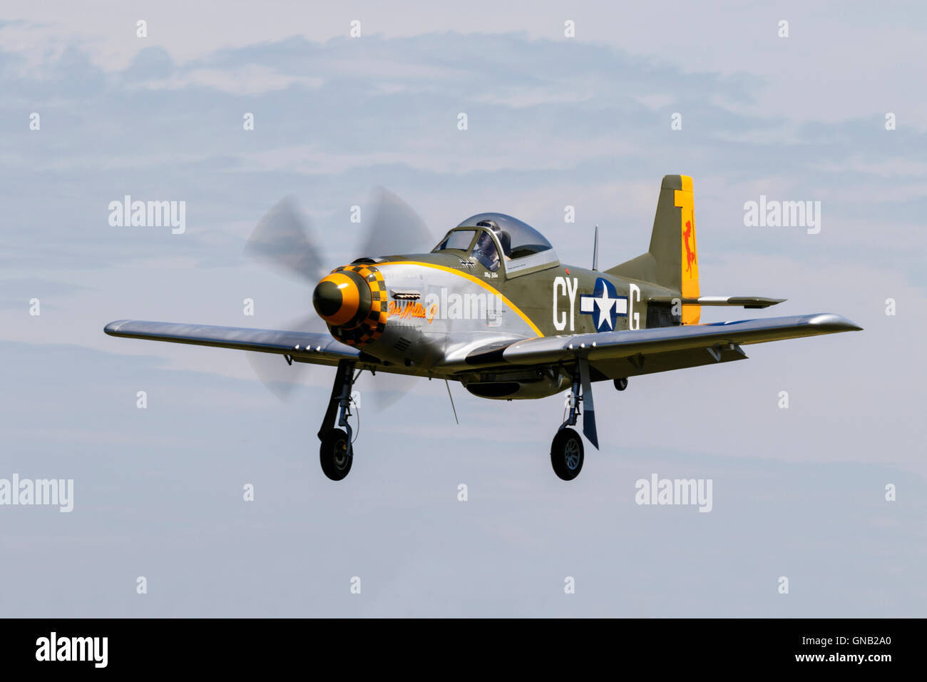 Titan T-51 Mustang G-CY 'The Millie P' G-TSIM in flight at Breighton Airfield Stock Photo