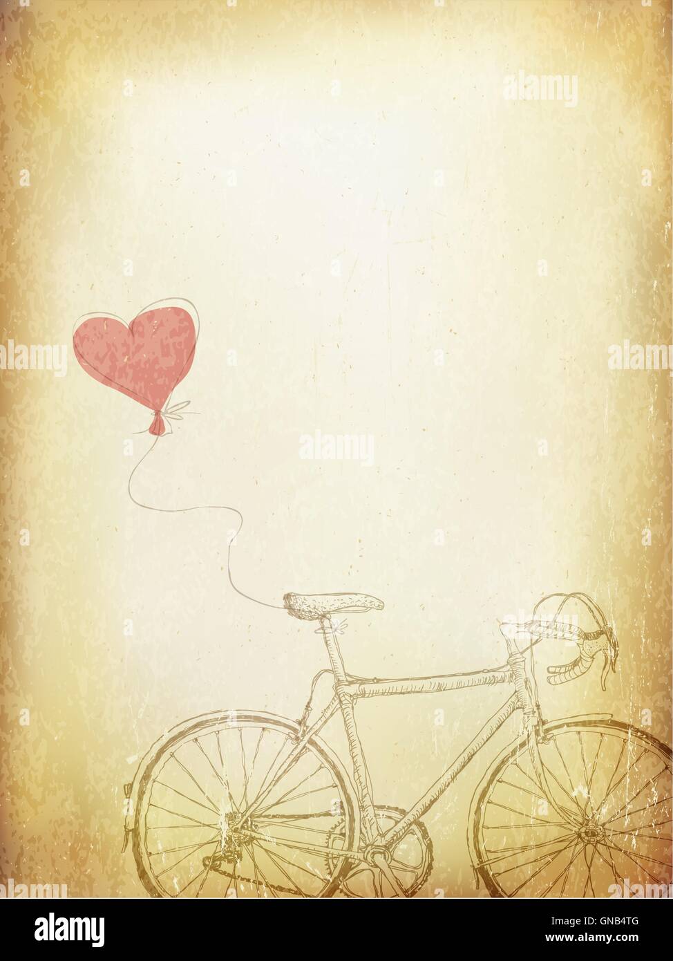 Vintage Valentines Illustration with Bicycle and Heart Baloon. A Stock Vector