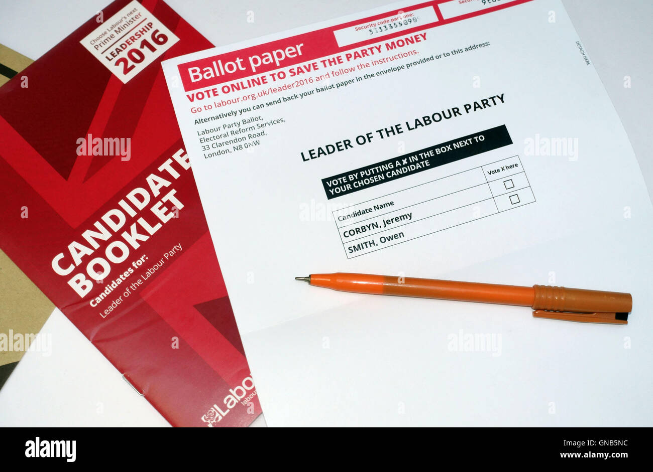 Labour Party Leadership ballot paper and candidate booklet August 2016, London Stock Photo