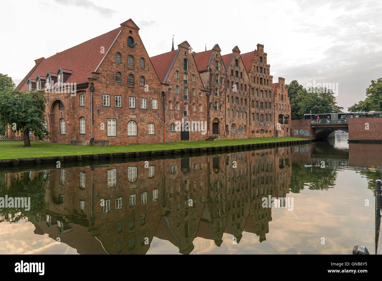 historic Salt Warehouses Salzspeicher at the trave river, Lübeck, Schleswig-Holstein, Germany Stock Photo