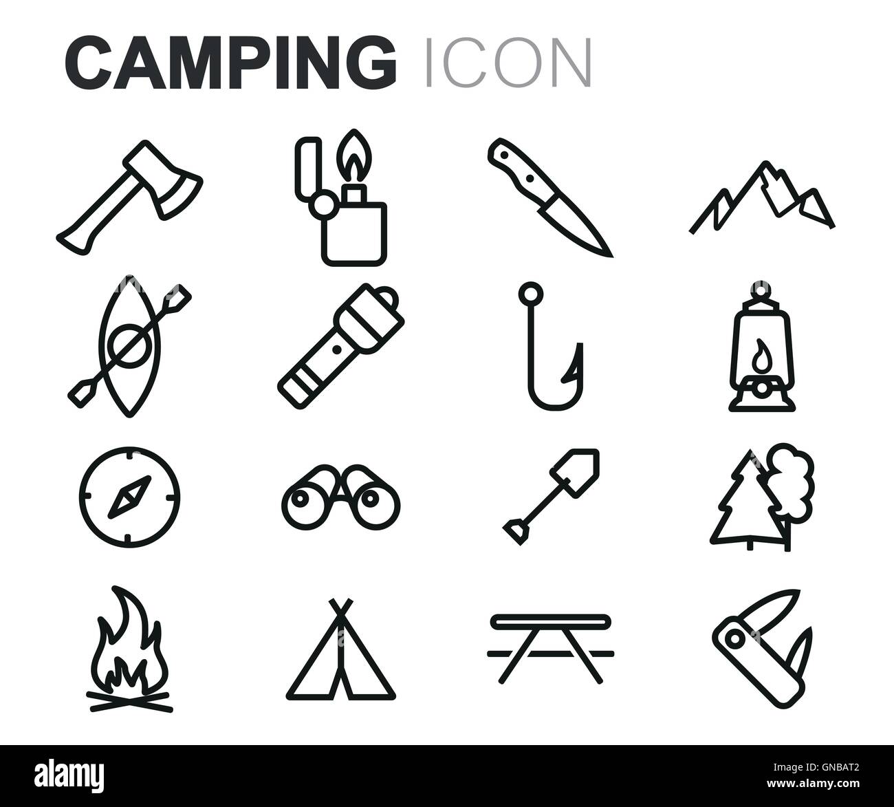 Vector black line camping icons set on white background Stock Vector ...