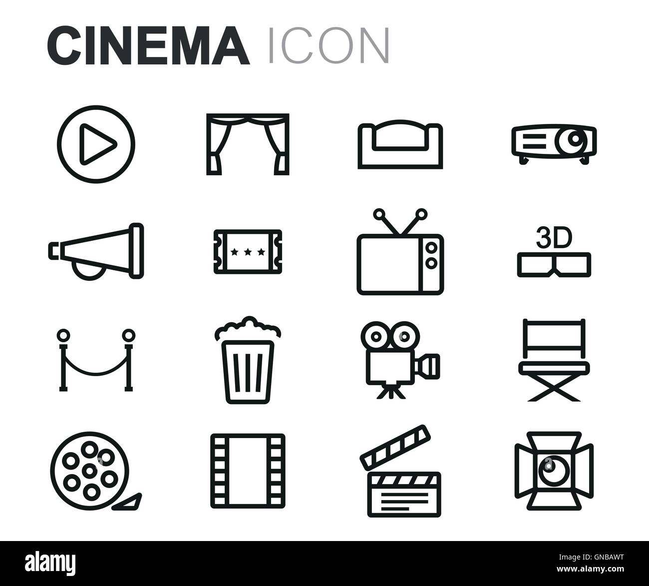 Vector black line cinema icons set on white background Stock Vector ...