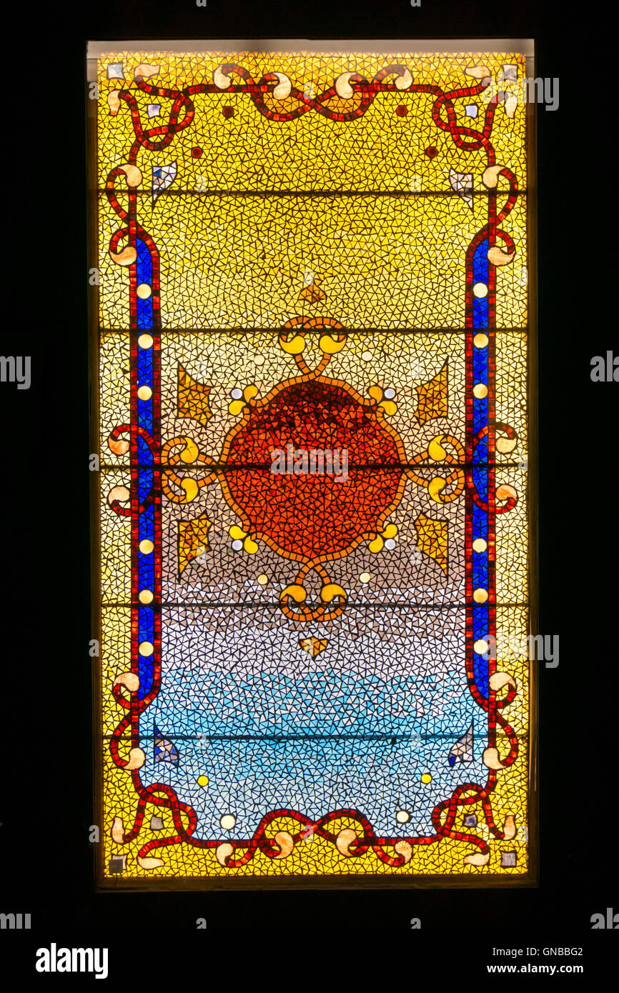 19th century American Earth, Air, Fire and Water stained glass by the Belcher Mosaic Glass Company of Newark, New Jersey. Stock Photo