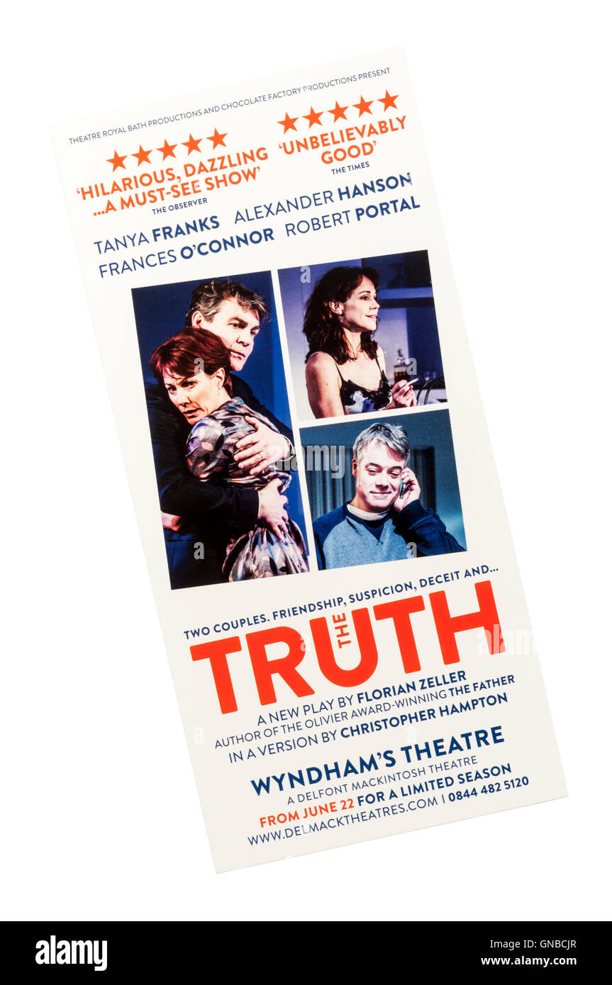 Promotional flyer for 2016 production of The Truth by Florian Zeller at Wyndham's Theatre.  A version by Christopher Hampton. Stock Photo