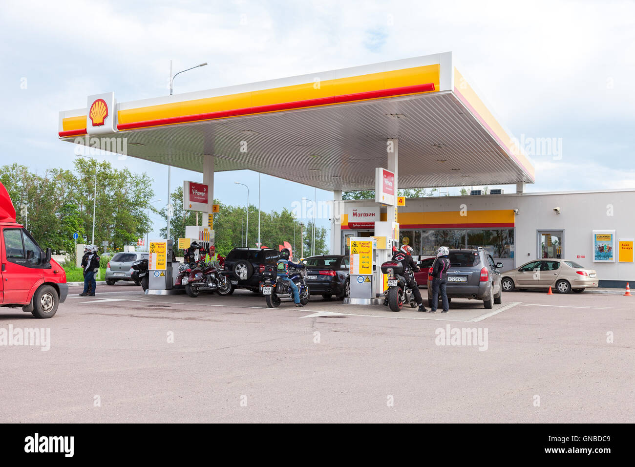 Shell gas station in summer day. Royal Dutch Shell oil company is the