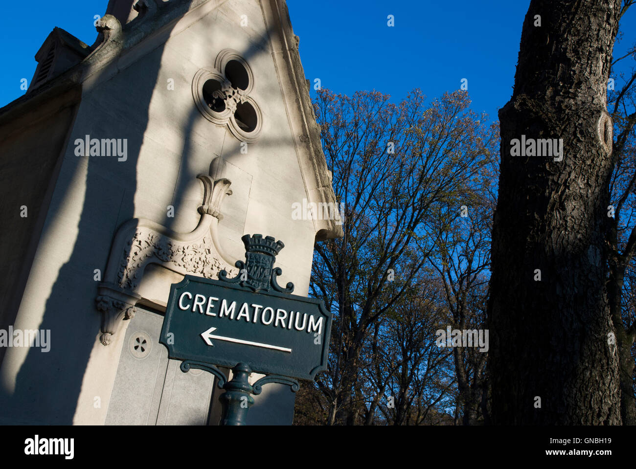 Crematory sign with chapel Stock Photo - Alamy