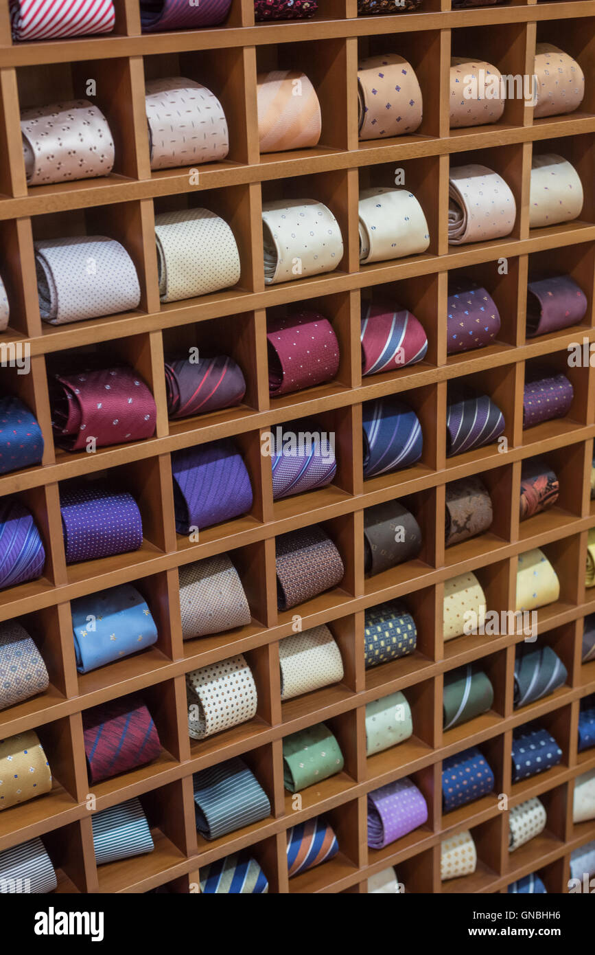 Wooden display of silk ties cravat Stock Photo - Alamy