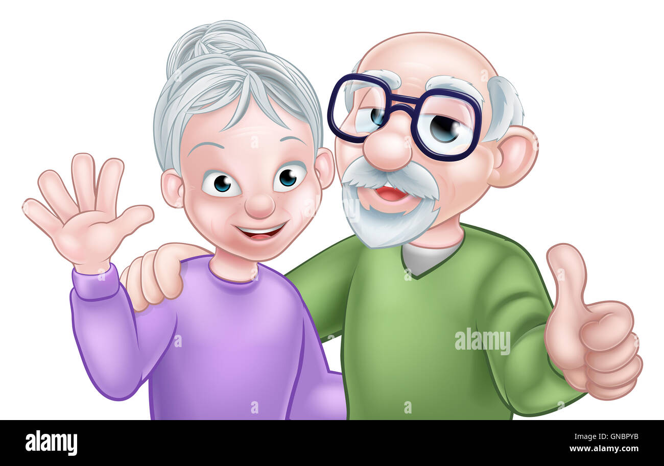 Cartoon senior elderly grandparents couple with wife or woman waving and husband or man giving a thumbs up Stock Photo