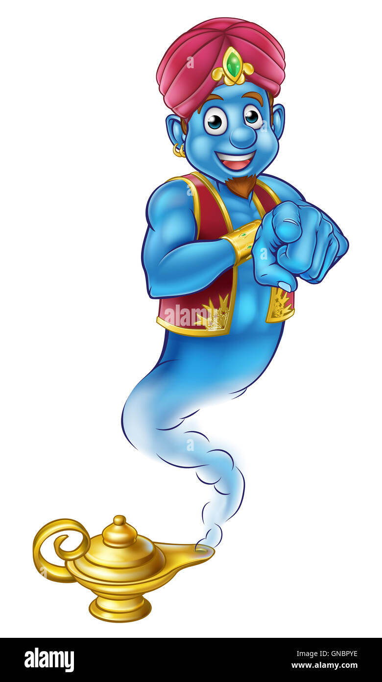 An cute looking genie cartoon character like in the story of Aladdin coming out of a magic lamp and pointing Stock Photo