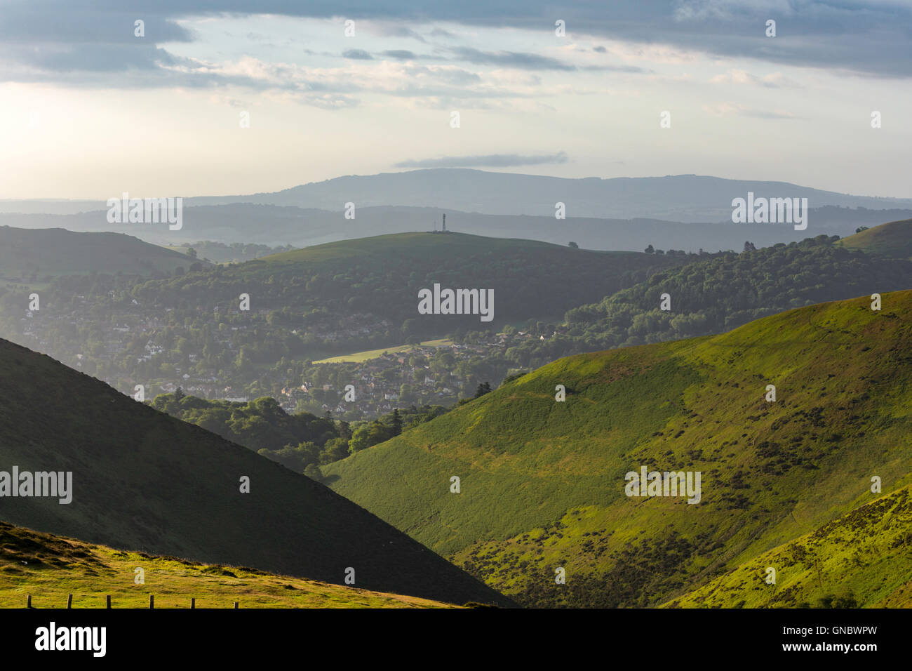Dawn over Church Stretton from the Long Mynd, Shropshire, England, UK Stock Photo
