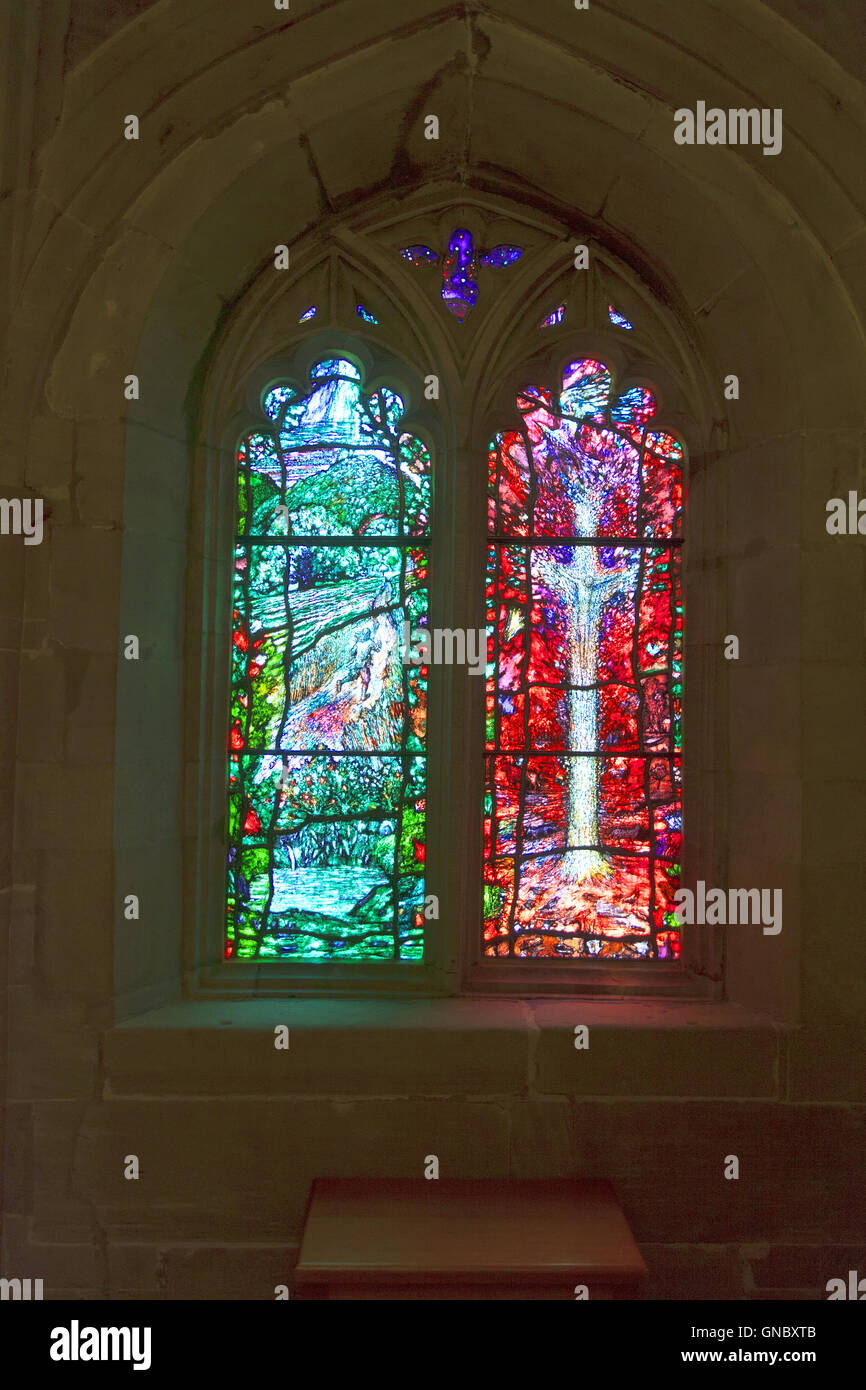 Hereford Cathedral Modern Stained Glass Window by Tom Denny depicting the life of Thomas Traherne in Audley's Chapel Stock Photo