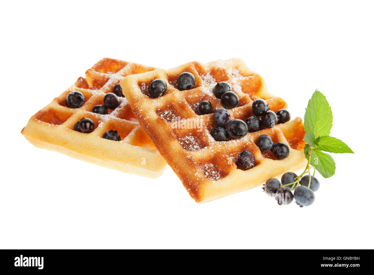 Belgian waffles with blueberries and powdered sugar isolated on white background Stock Photo