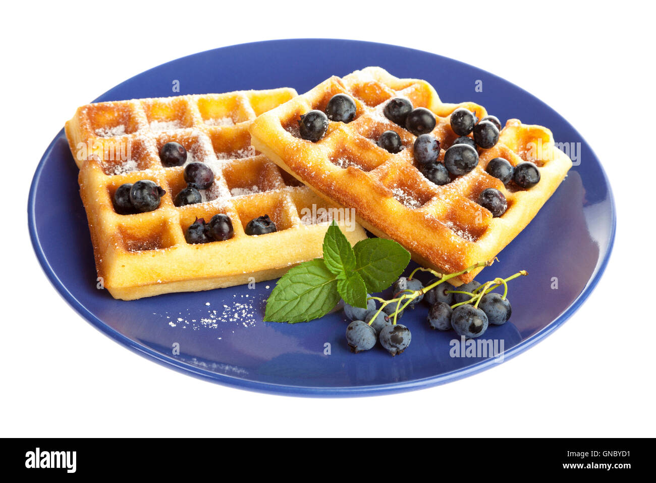 Belgian waffles with blueberries and powdered sugar on blue plate isolated on white background Stock Photo
