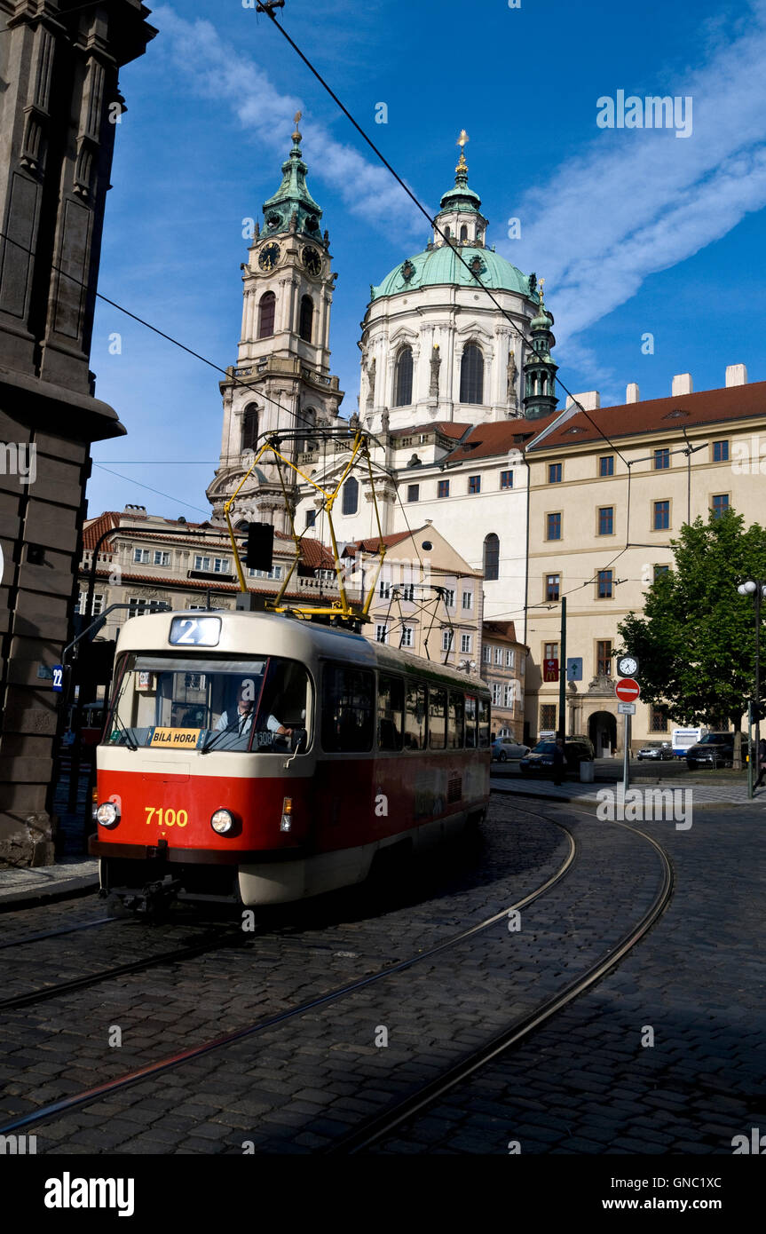 Malostranske Namesti. ( square)  and the dome and tower of St.Nicholas Church in the Castle district of Prague in the Czech Repu Stock Photo