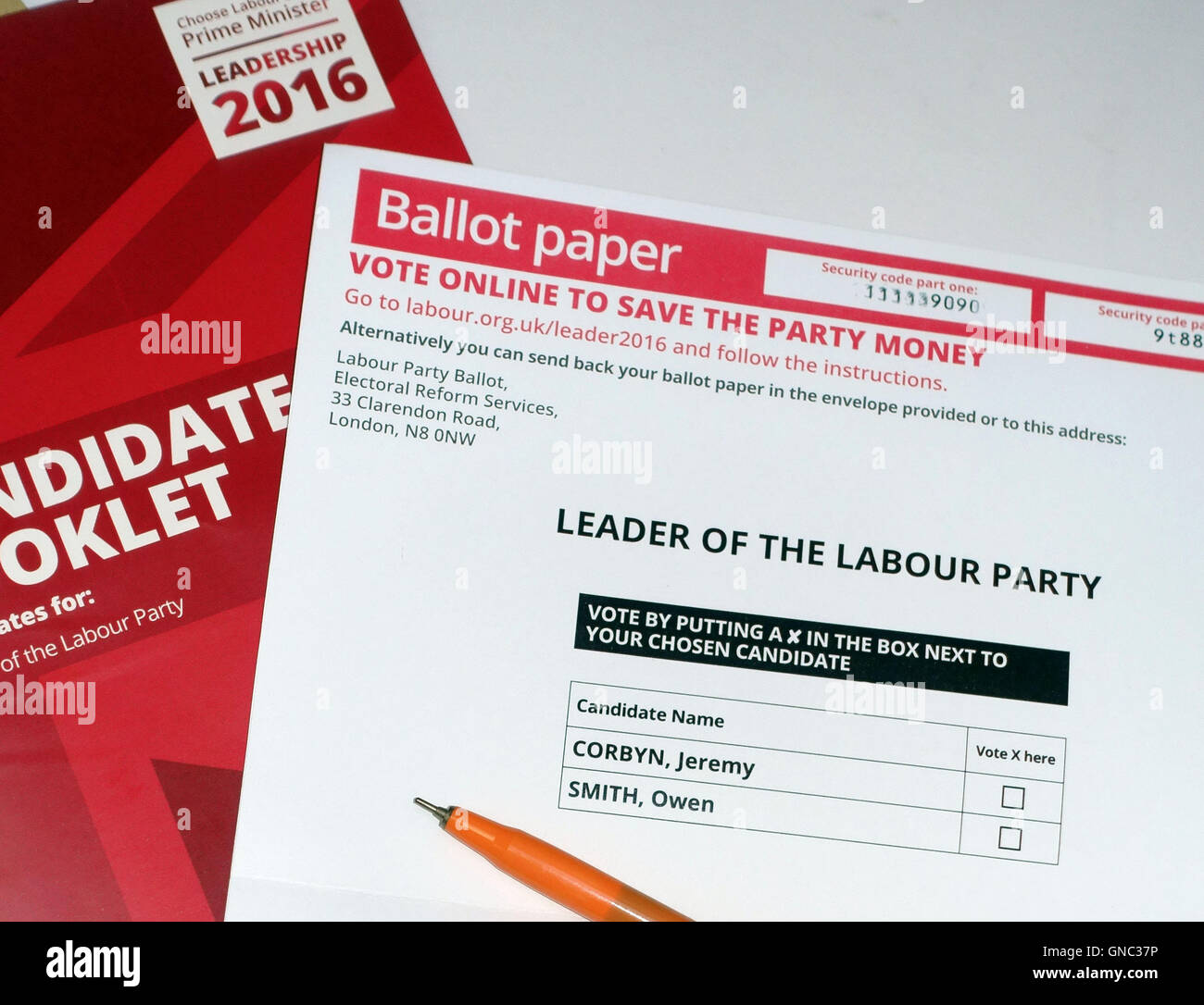 Labour Party Leadership ballot paper and candidate booklet August 2016, London Stock Photo