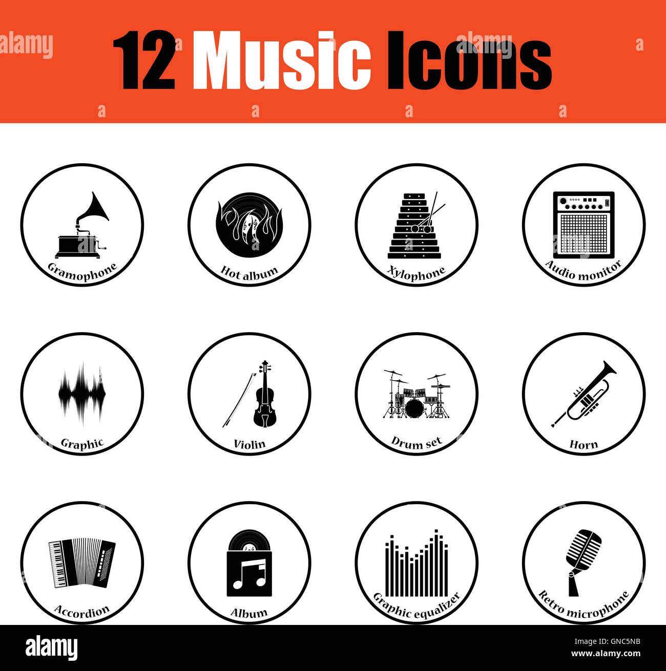 Set of musical icons.. Thin circle design. Vector illustration Stock ...