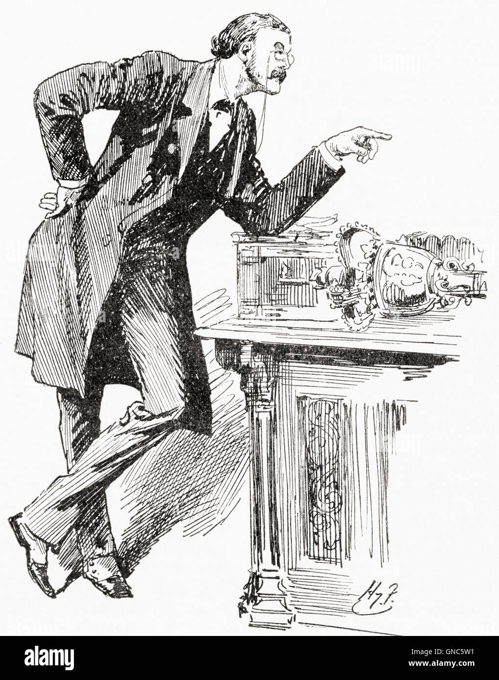 Mr. Balfour speaking in the House of Commons, 1899.  Arthur James Balfour, 1st Earl of Balfour, 1848 –1930.  British Conservative politician and Prime Minister of the United Kingdom.  After a sketch by Harry Furniss. Stock Photo