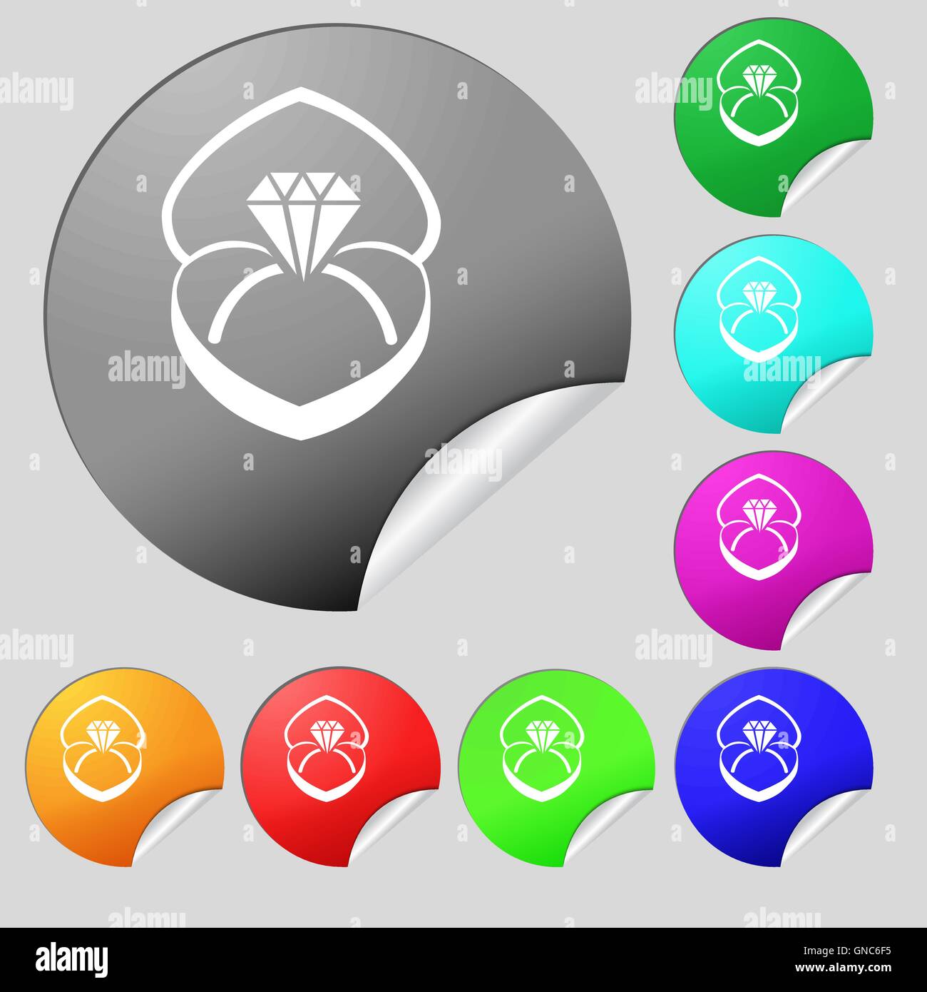 diamond ring icon sign. Set of eight multi colored round buttons ...