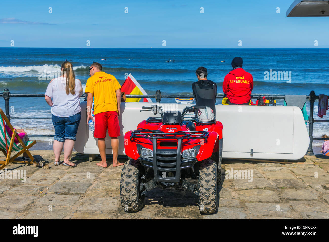 RNLI station, with quadbike and staff, Saltburn by the Sea, North