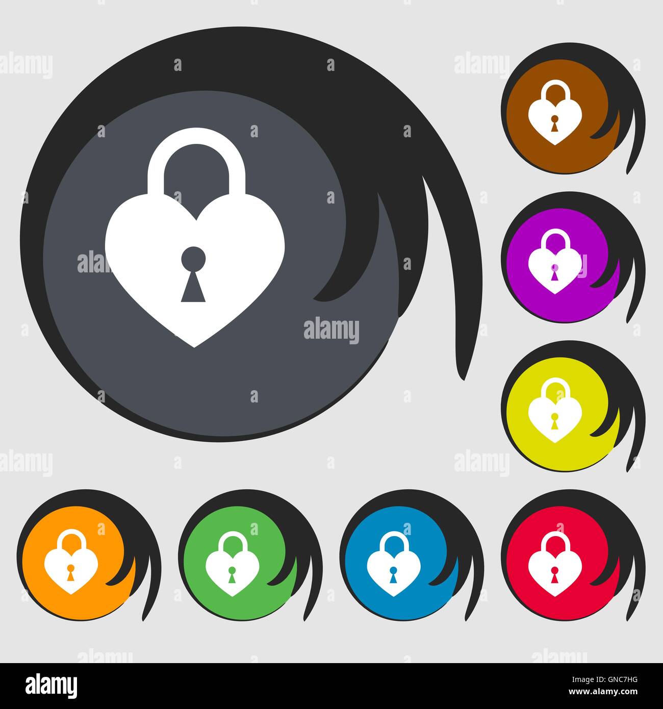 Lock in the shape of heart sign icon. Symbols on eight colored buttons ...
