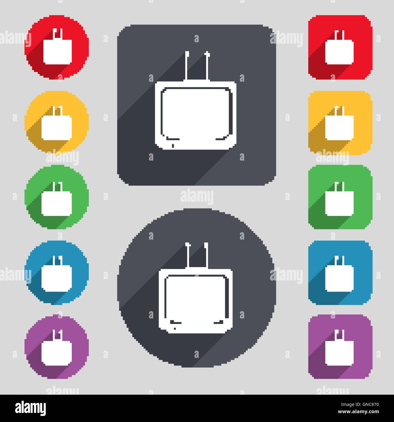TV icon sign. A set of 12 colored buttons and a long shadow. Flat ...