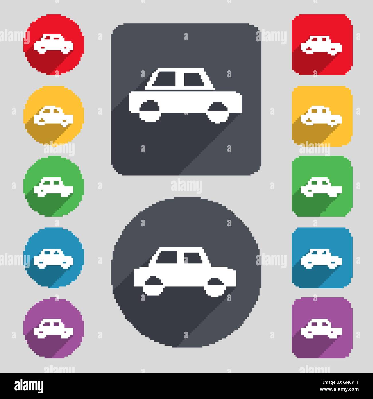 Car icon sign. A set of 12 colored buttons and a long shadow. Flat ...