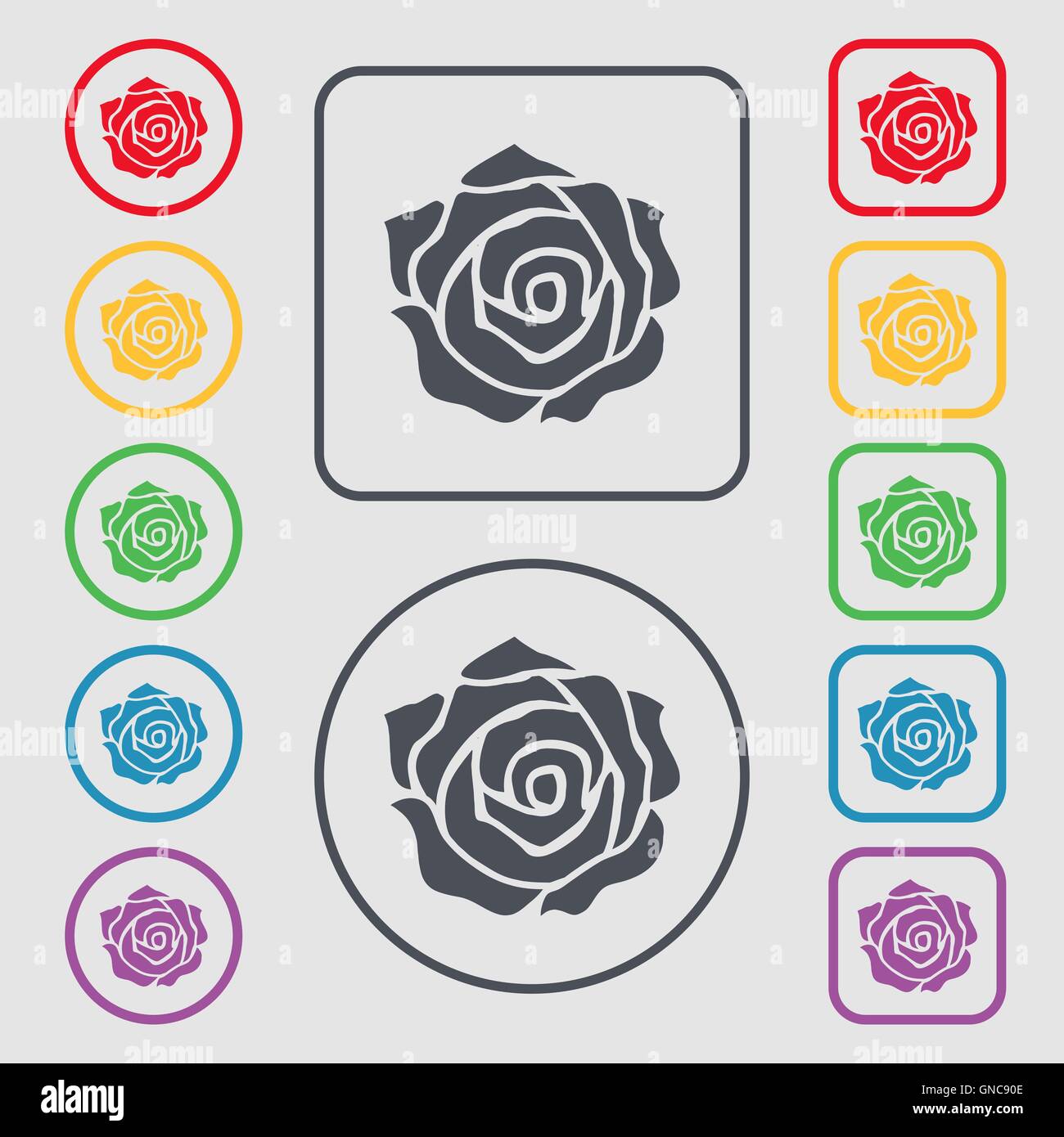 rose icon sign. symbol on the Round and square buttons with frame. Vector Stock Vector