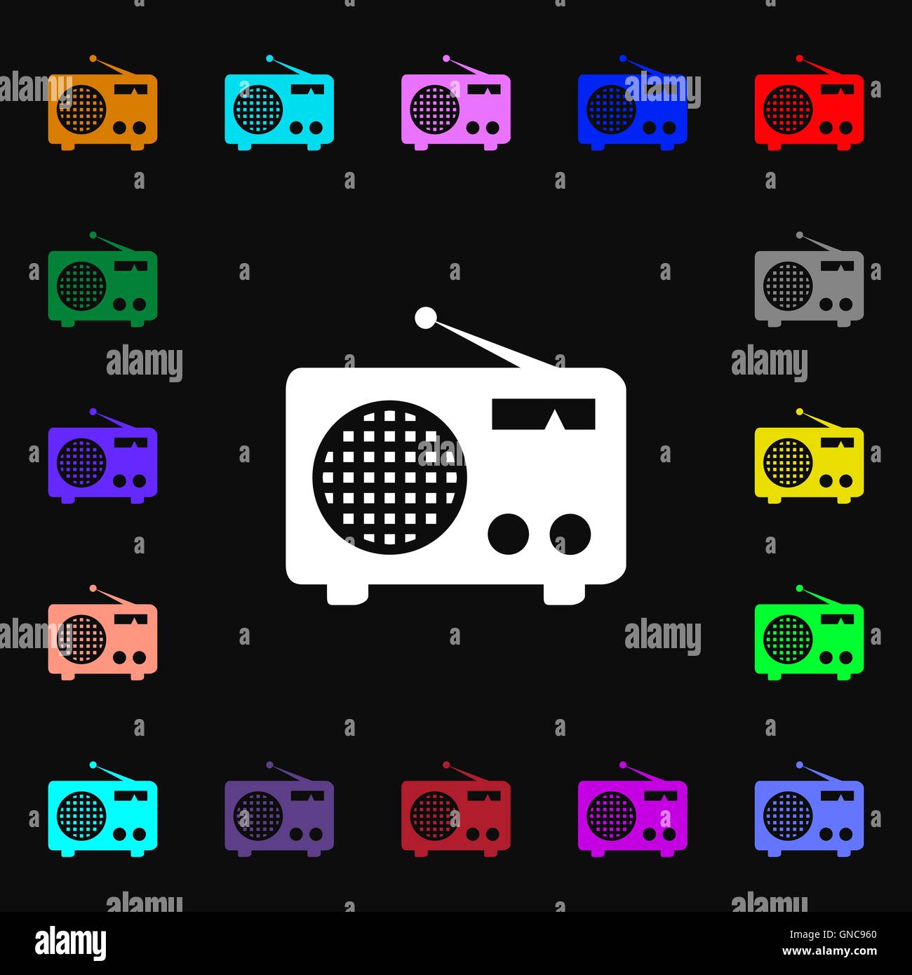 Retro radio icon sign. Lots of colorful symbols for your design. Vector