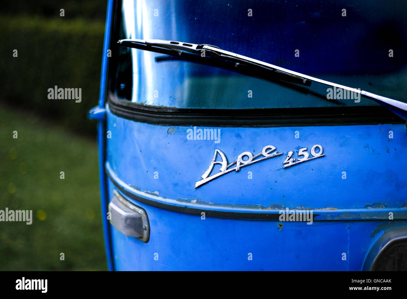 Blue rusting Piaggio Ape 450 three-wheel motorcycle van in garden Stock Photo