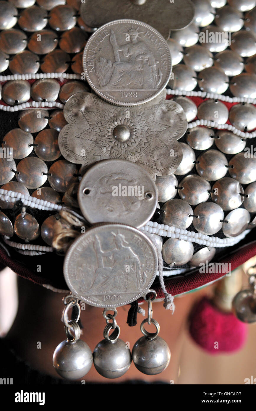 Akha Lady Wearing Traditional Head Dress With Silver Coins Stock Photo