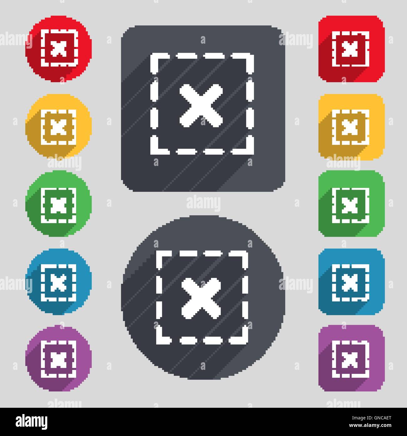 Cross in square icon sign. A set of 12 colored buttons and a long shadow. Flat design. Vector Stock Vector