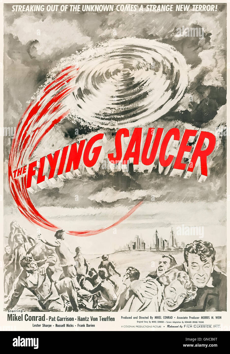 The Flying Saucer (1950) directed by Mikel Conrad and starring Mikel Conrad, Pat Garrison and Hantz von Teuffen. UFOs in Alaska! See description for more information. Stock Photo