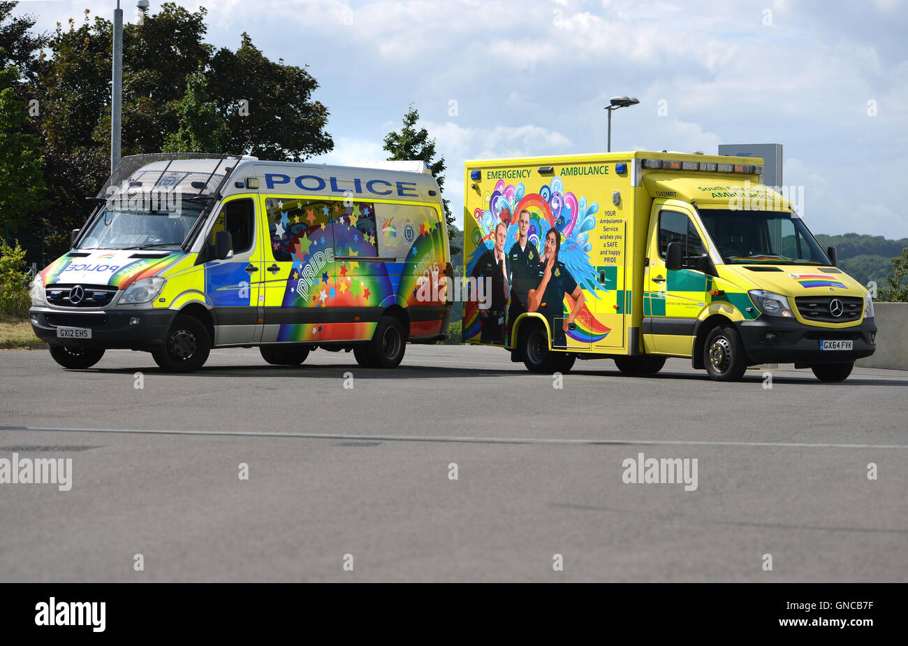 Police van and ambulance decorated for Pride 2016. At first LGBT ambulance conference, Brighton. Stock Photo