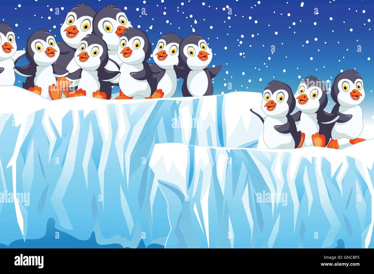 funny penguins family snow landscape background Stock Vector