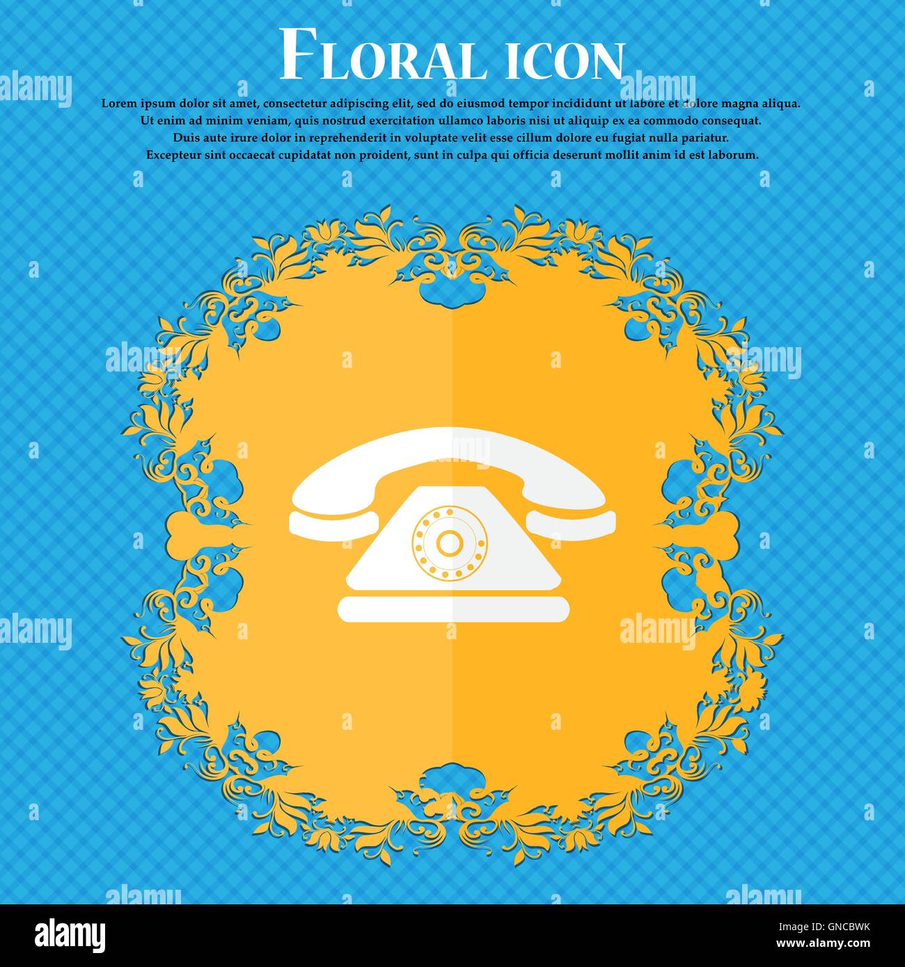 Retro telephone icon. Floral flat design on a blue abstract background ...